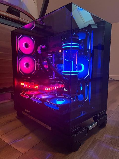 An earlier pink and blue lighting scheme