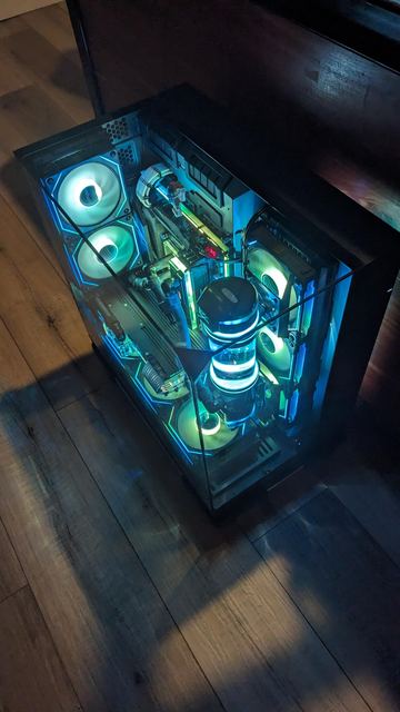 Side view in the dark, showing the dual-chamber layout