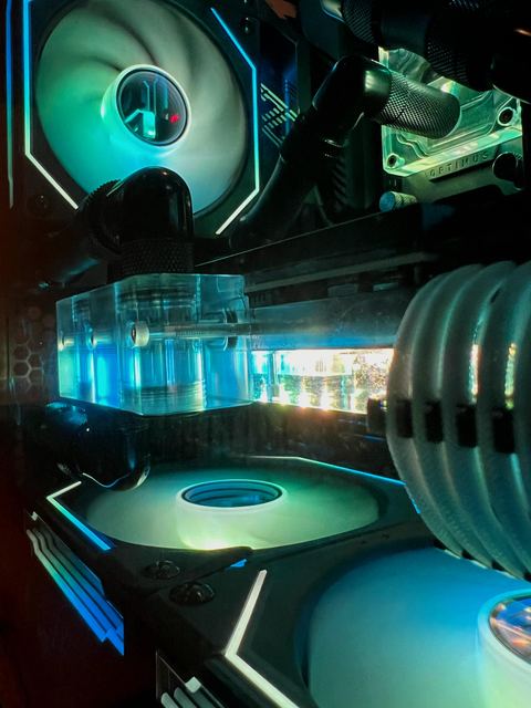 Close-up of a water block and the white PSU cables