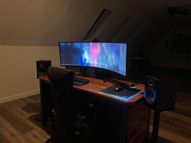 The desk: Odyssey G9, Audioengine A5+ speakers and the Embody chair