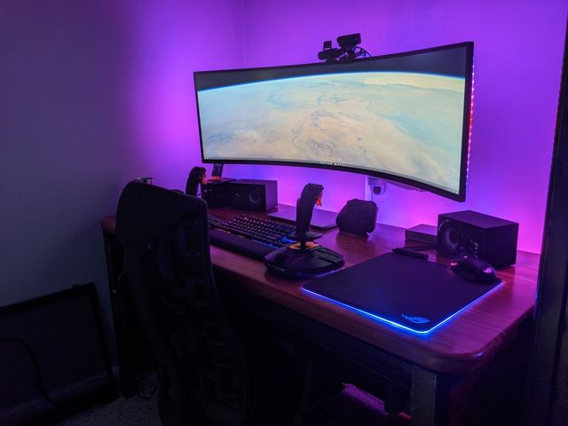 The desk with the HOTAS set up